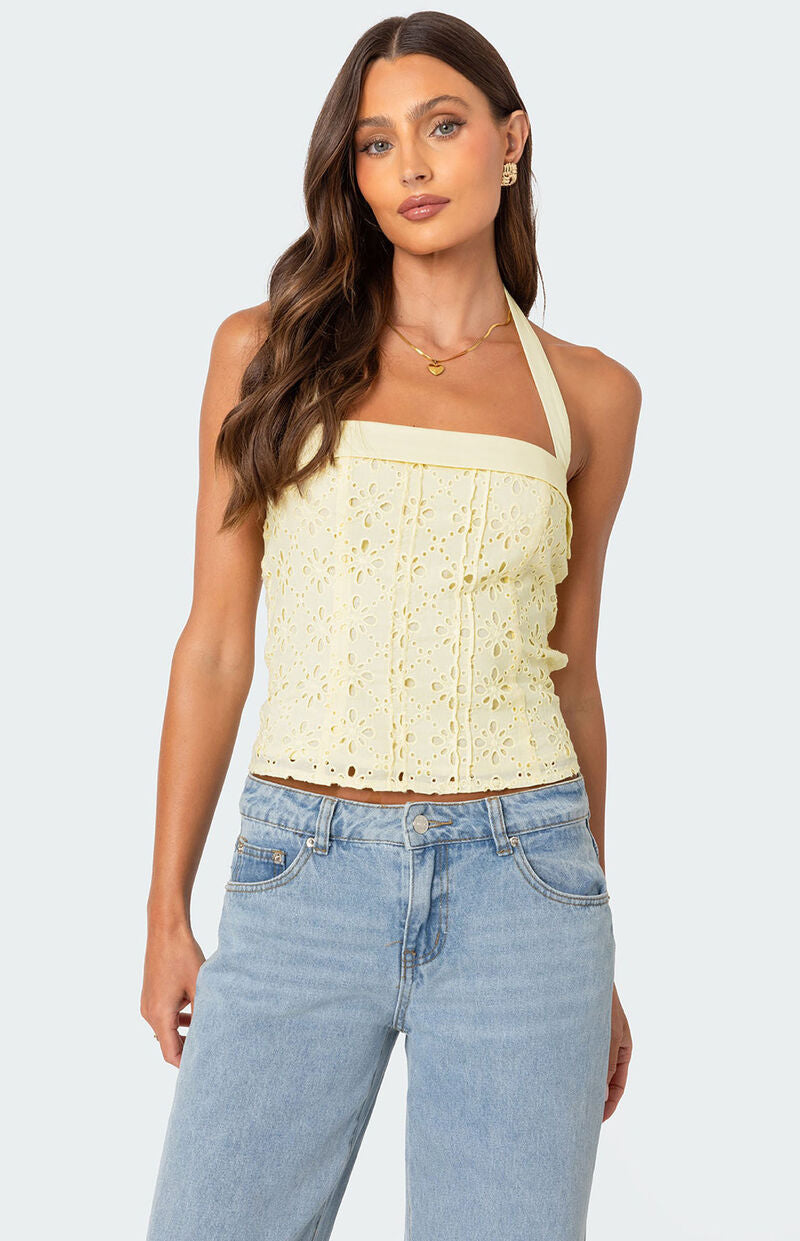 Side Button Eyelet Halter Yellow Top