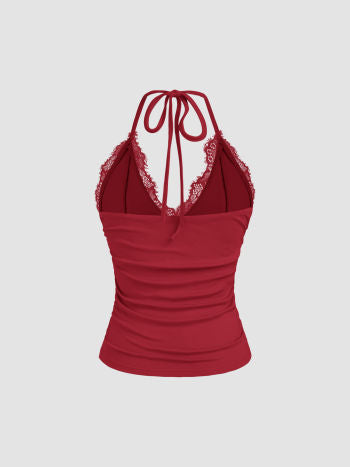 Halter Neck Backless Top With Lace