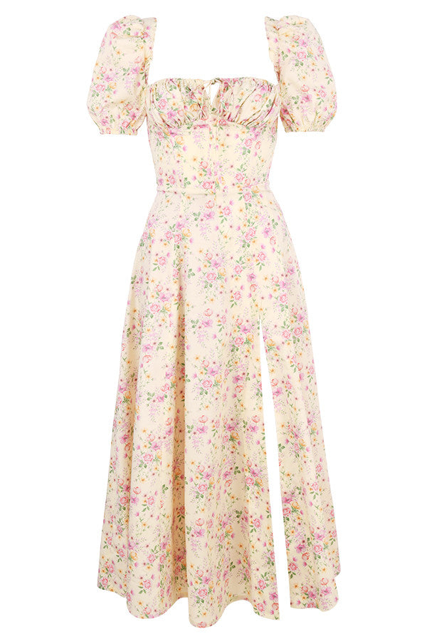 Midi sundress with floral puff sleeves