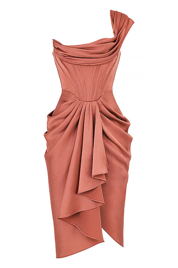 Draped satin midi dress with one shoulder