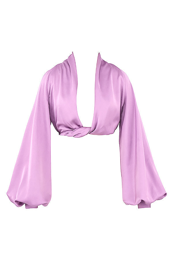 Deep-cut blouson top in silky satin with draped skirt