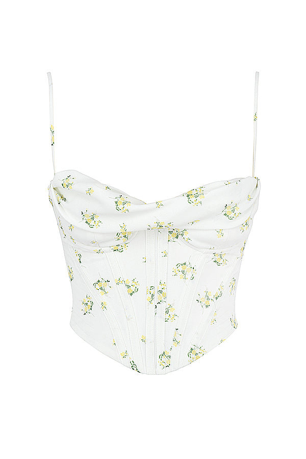 Ivory-colored draped corset with flowers