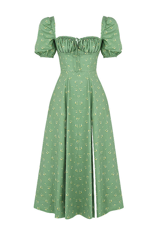 Midi sundress with floral puff sleeves