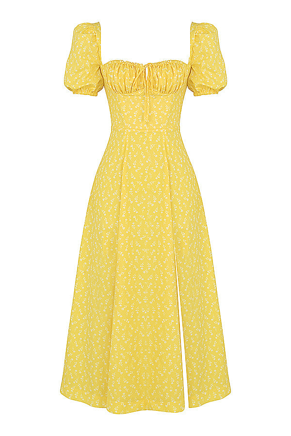 Midi sundress with floral puff sleeves