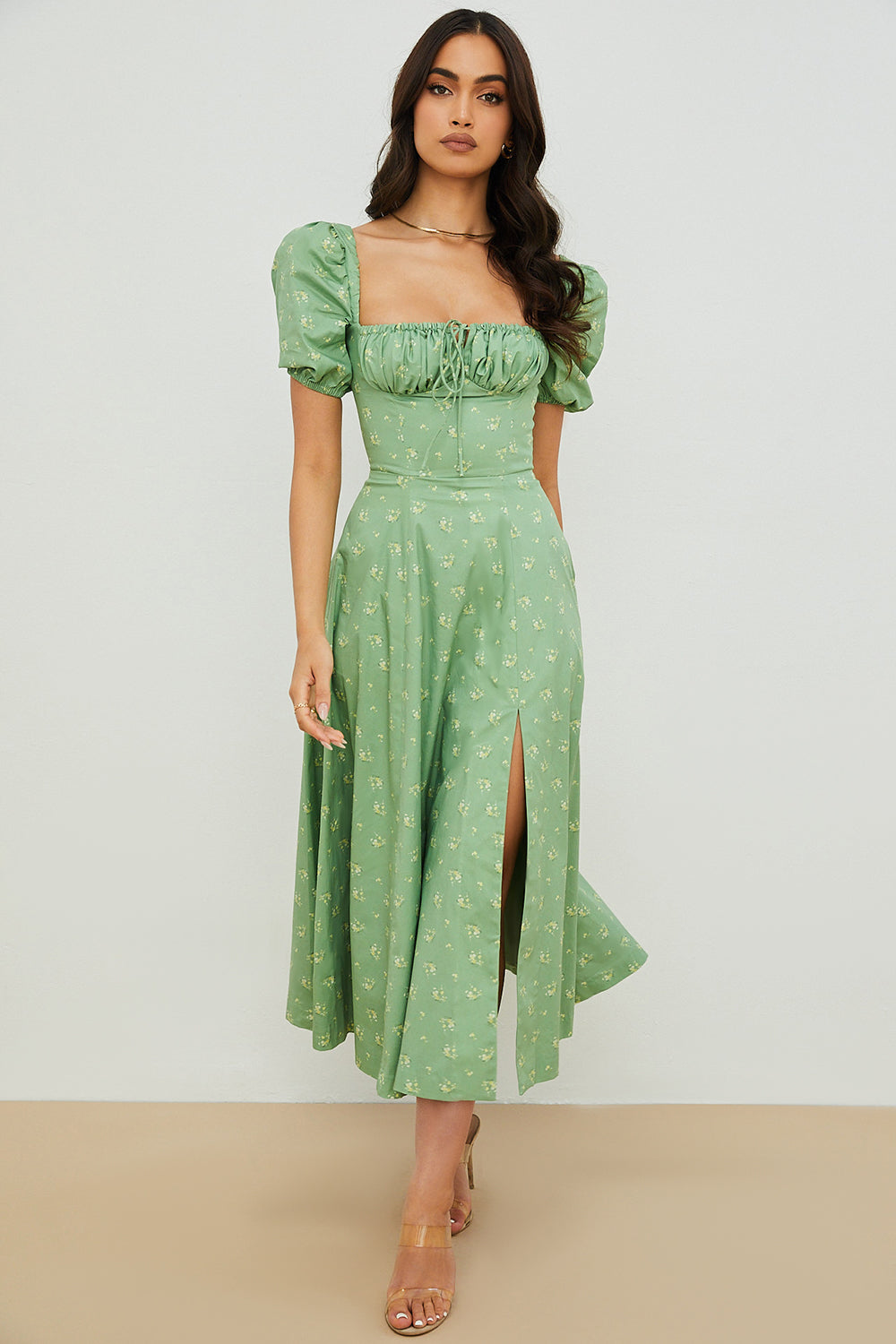 Midi sundress with floral puff sleeves