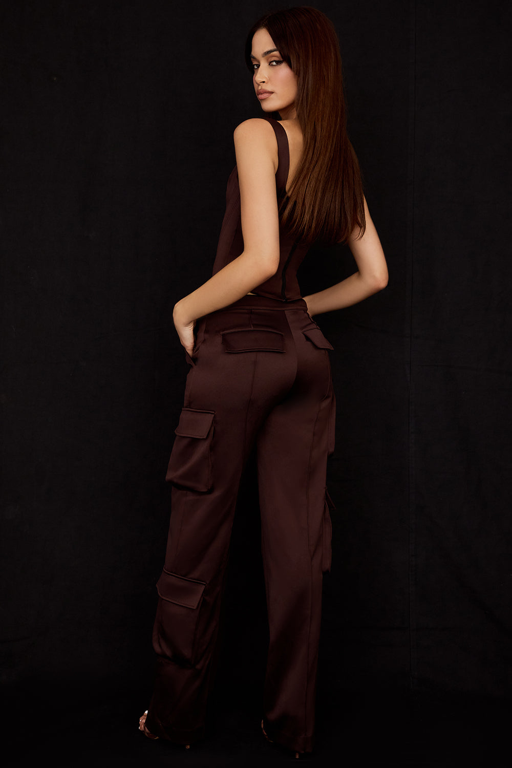Long chocolate satin corset with cargo pants