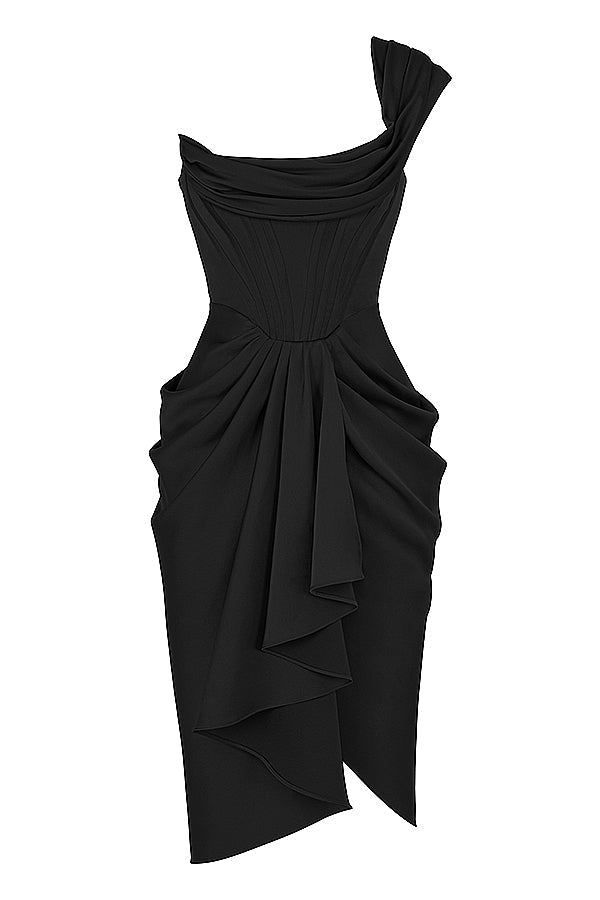 Draped satin midi dress with one shoulder
