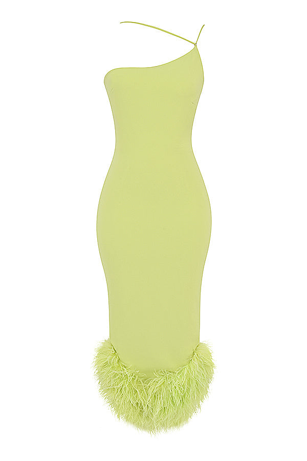 Lime midi dress with feathers