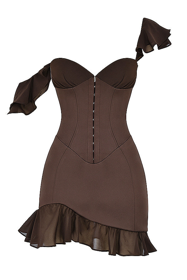 Espresso mini dress with ruffle corset