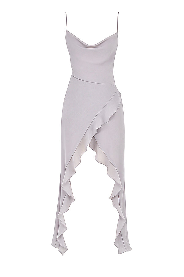 Gray satin underbust corset with flowy maxi dress