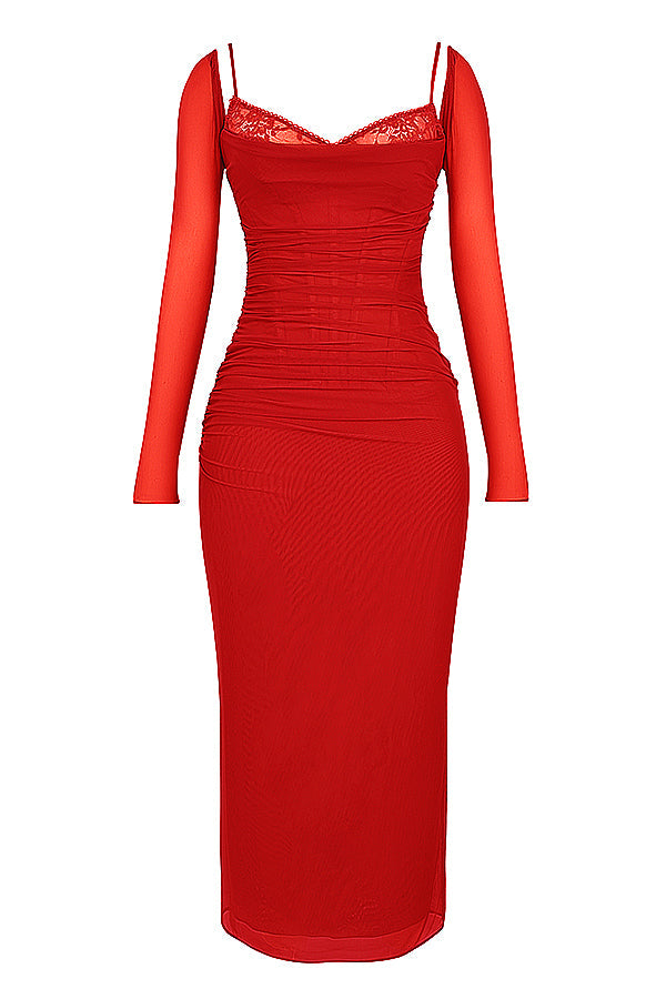 Deep red maxi dress with long sleeves