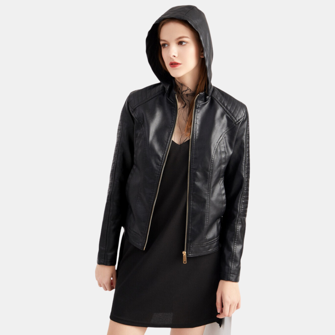 Women's leather jacket with hood