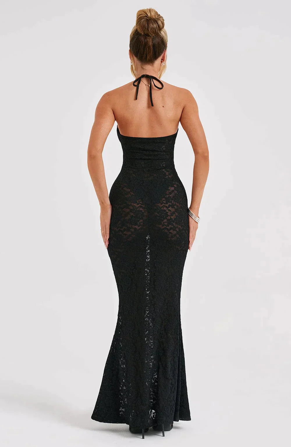 Black maxi dress with lace seam