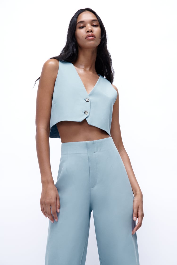 Cropped linen blend cardigan with trousers