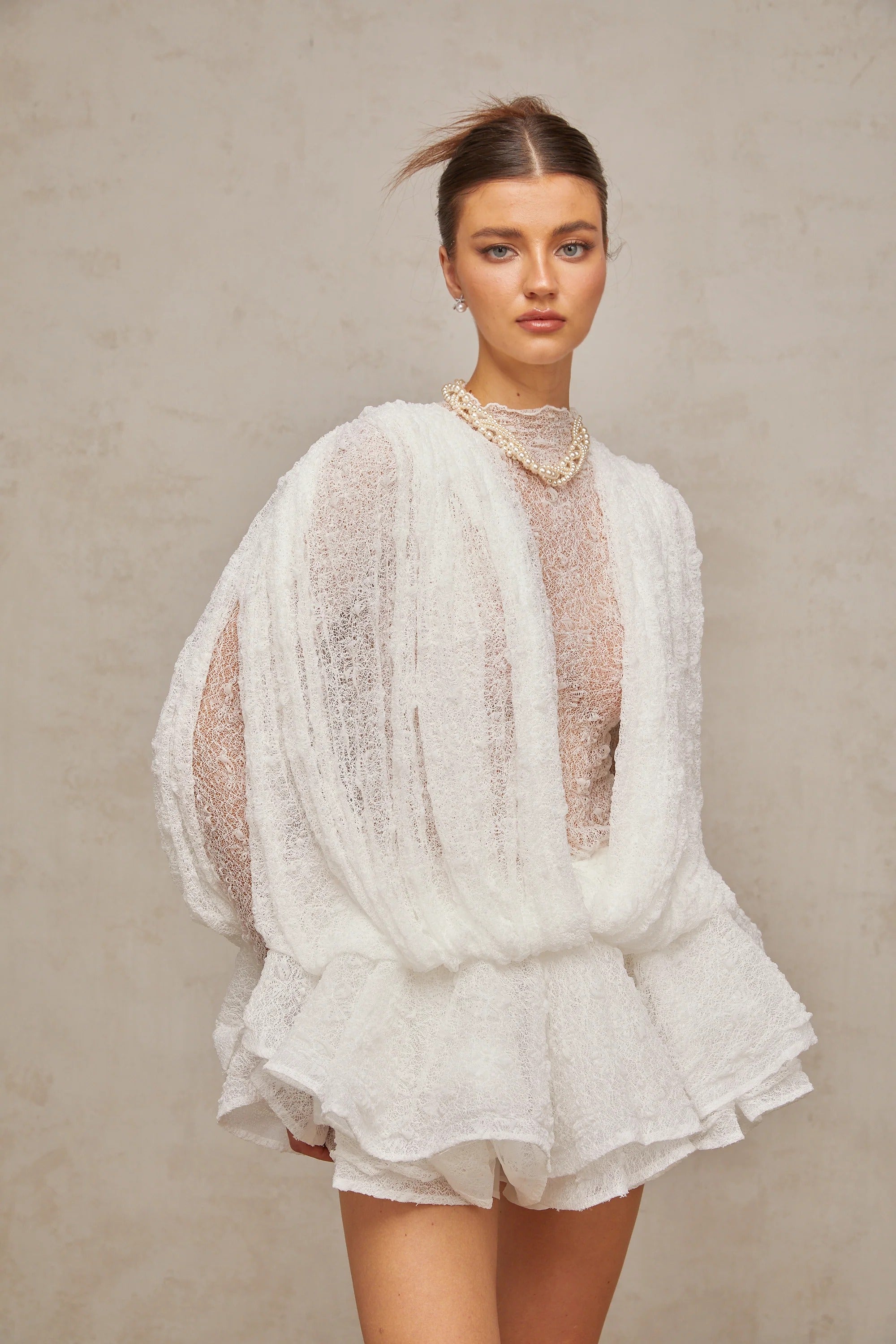 Long Sleeve Ruffled Lace White Mini Dress