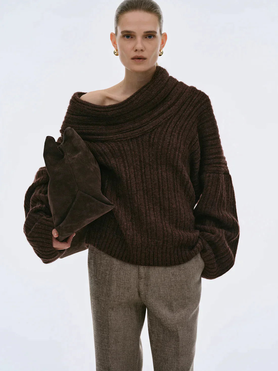 Oversized knitted sweater with high roll