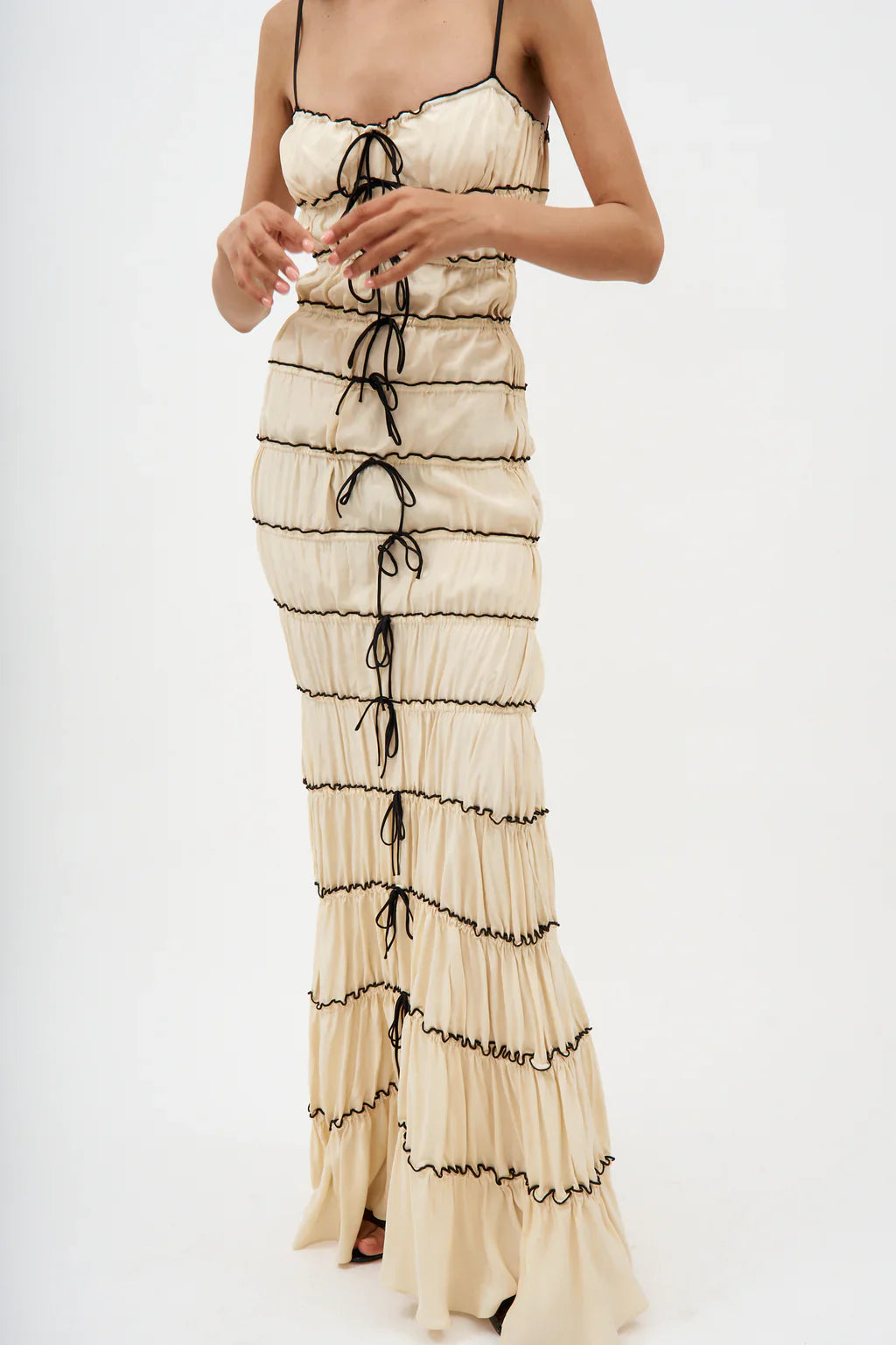 Silk charmeuse ruffle tunnel gown dress