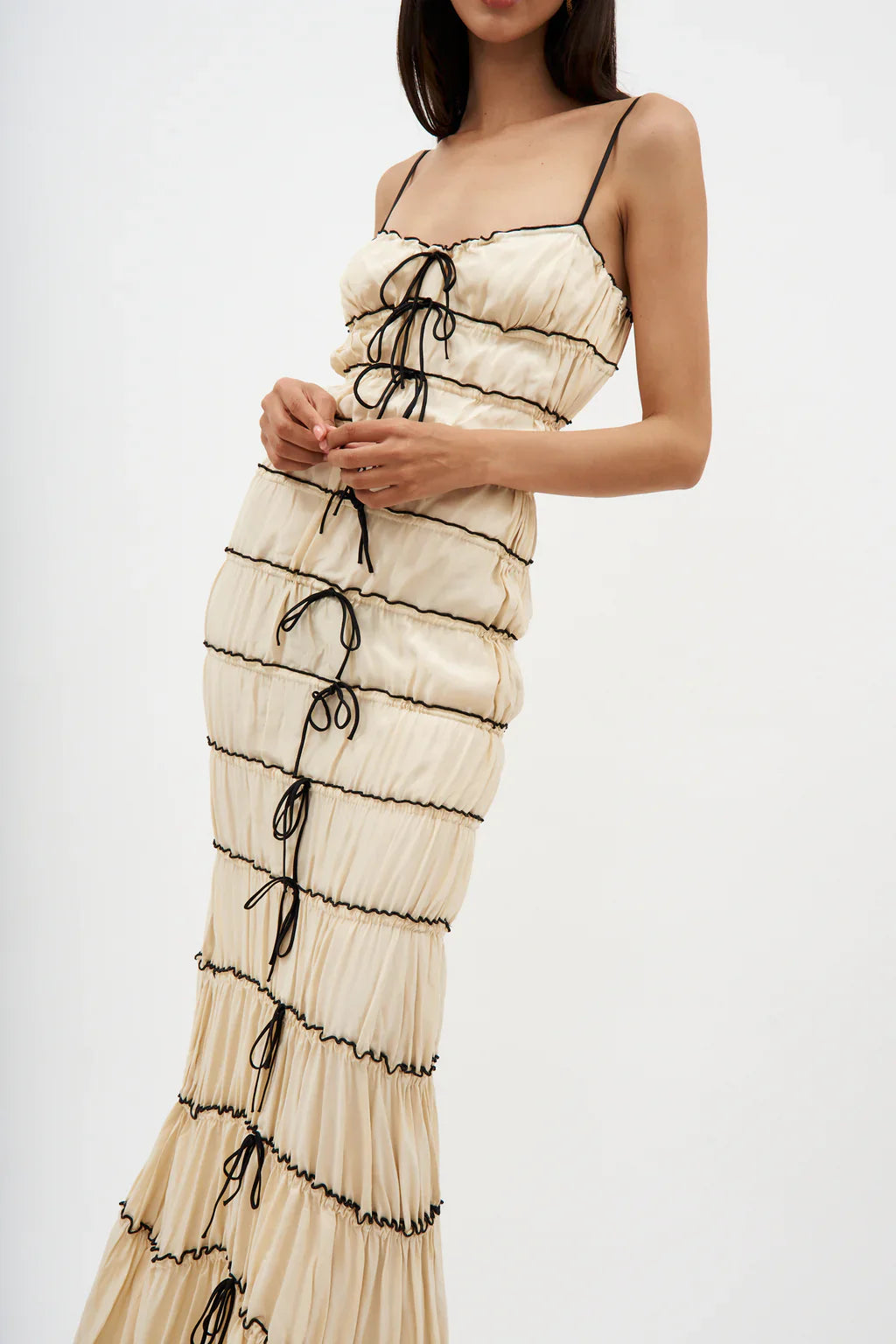 Silk charmeuse ruffle tunnel gown dress