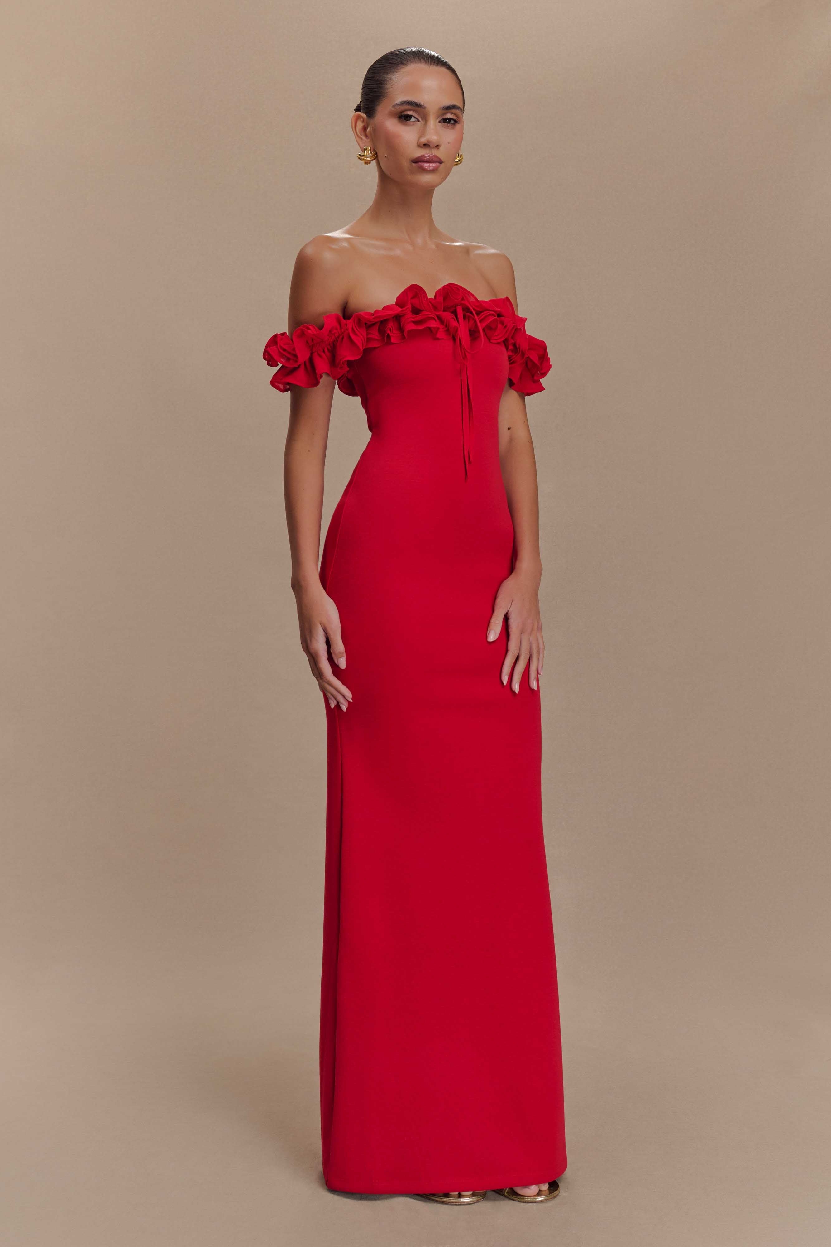 Ruffled Off-shoulder Red Maxi Dress
