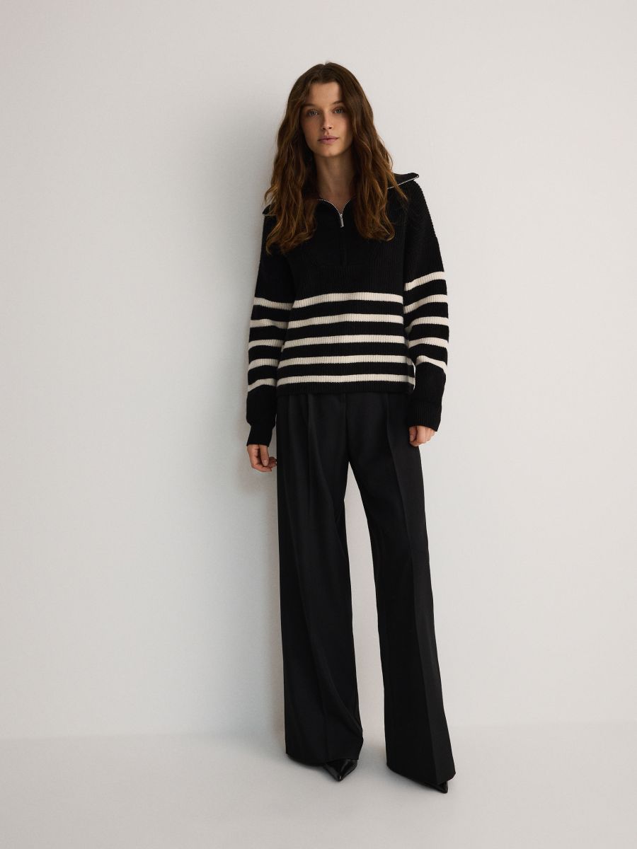 Zipped Turtle-neck Striped Sweater
