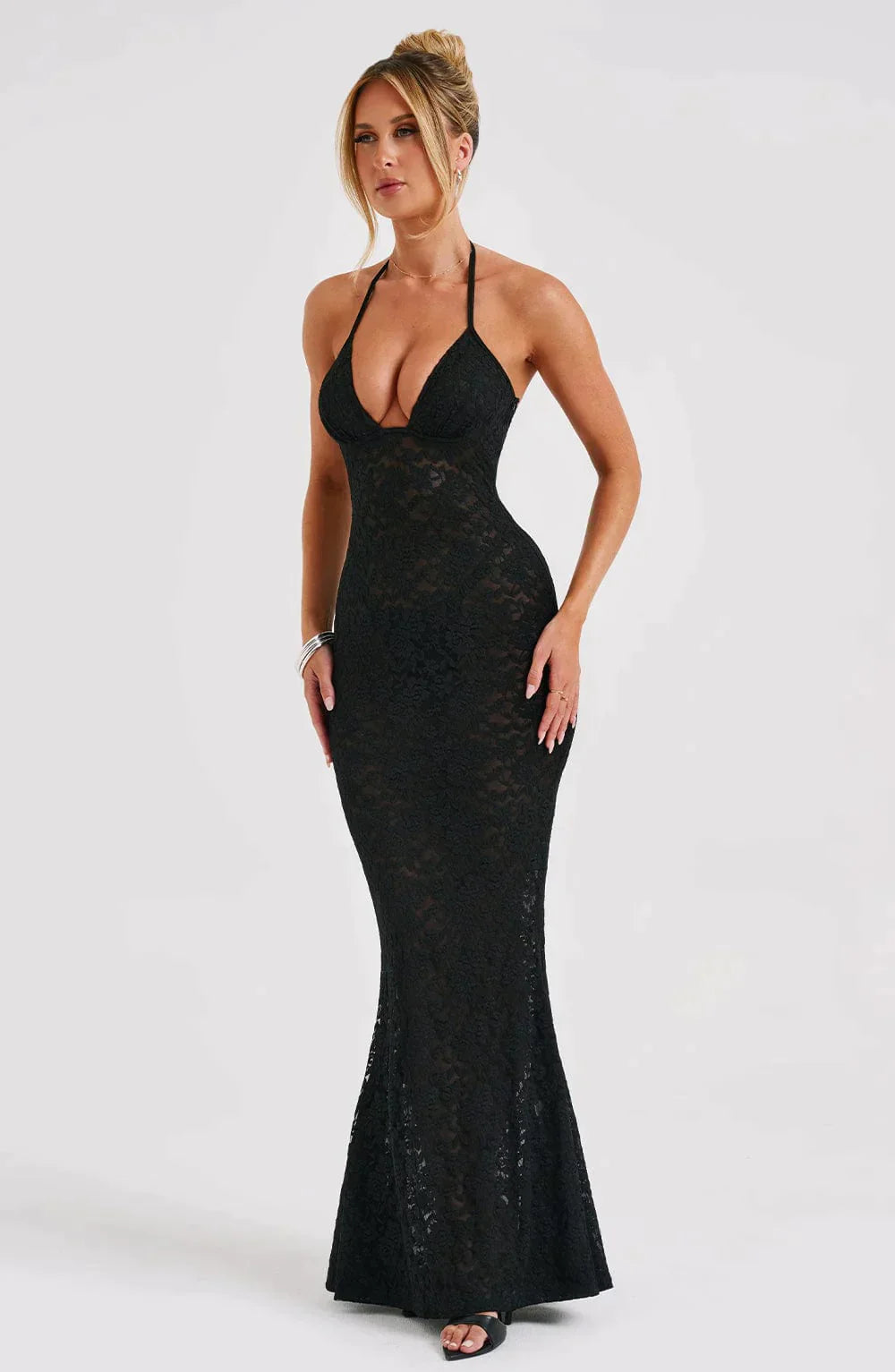 Black maxi dress with lace seam