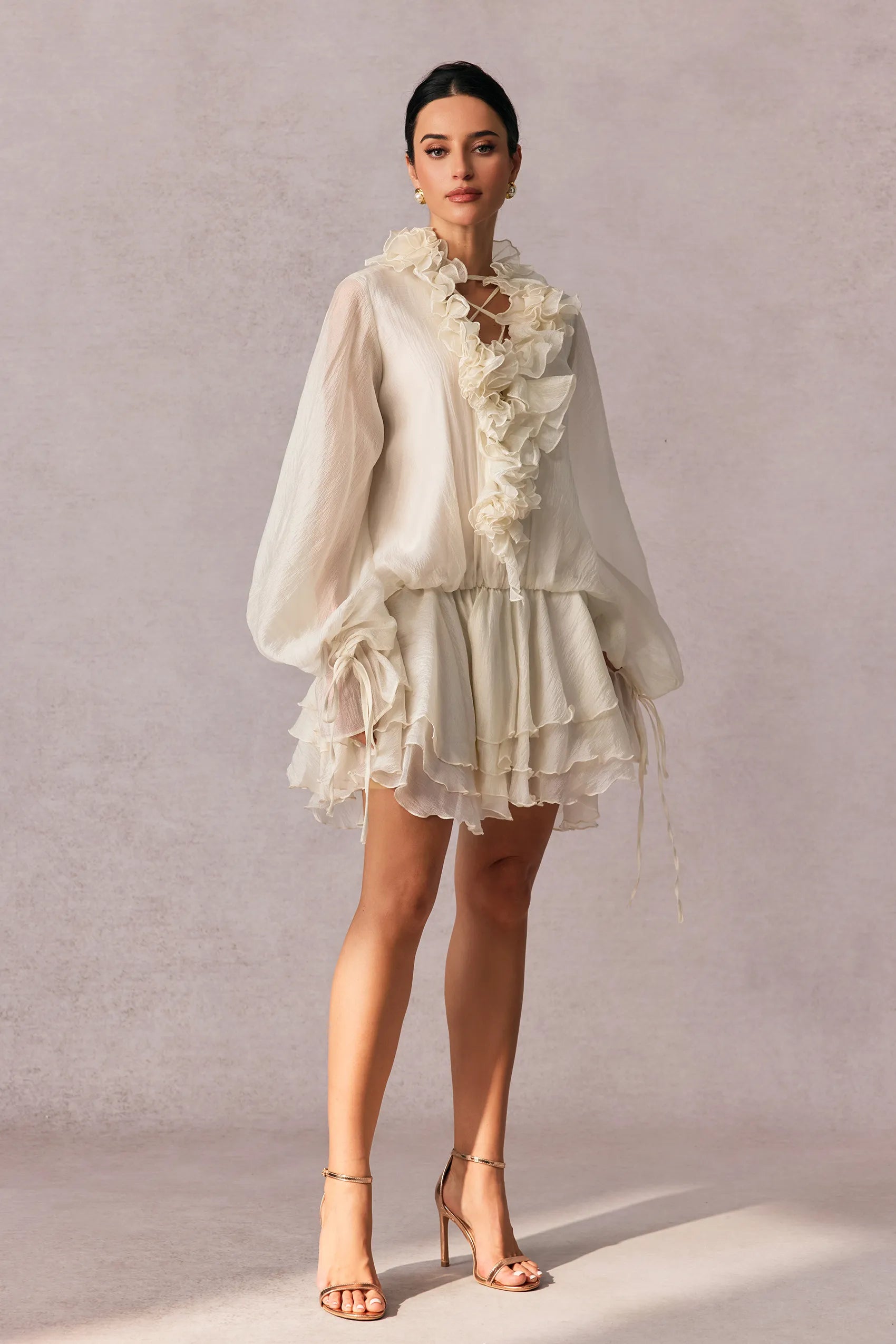 Olive Puff Sleeve Tiered Mini Dress