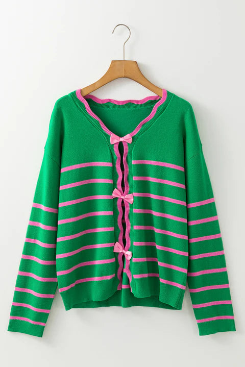 Knitted Cardigan In Green WIth Pink Stripes