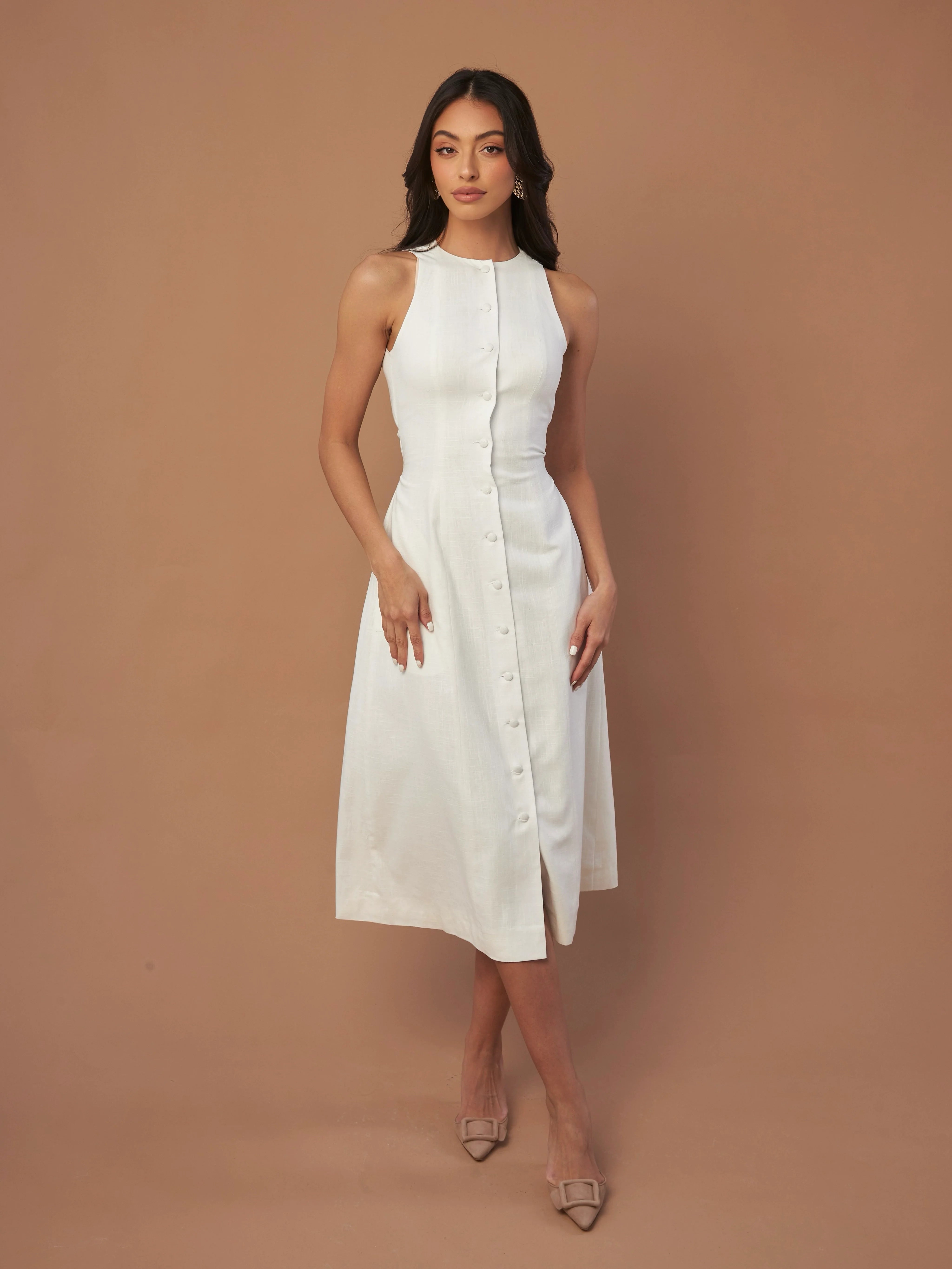 Sleeveless Round Neck Linen White Dress