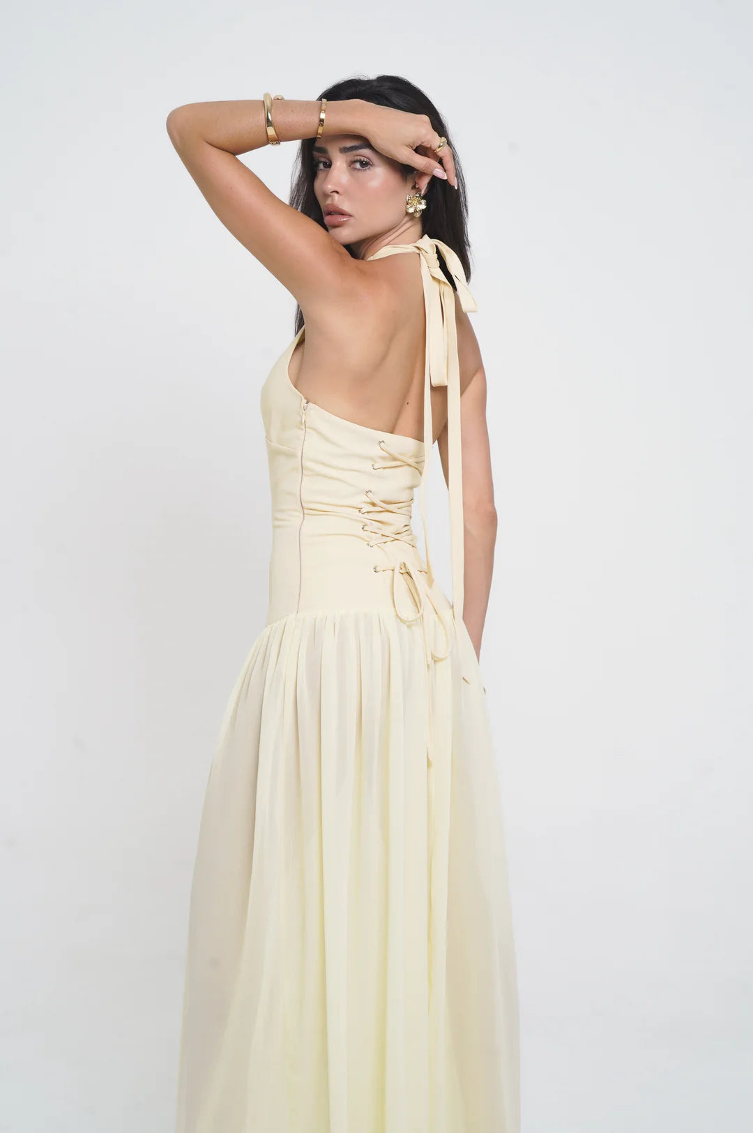 Halter Neck Lace Dress In Beige WIth Starfish Design