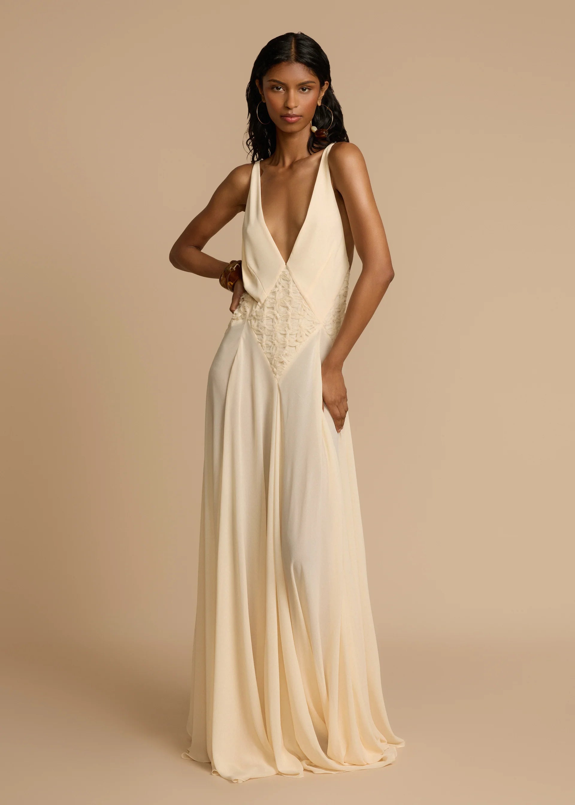 Hollow Out Stitching Lace Sling Color Maxi Dress