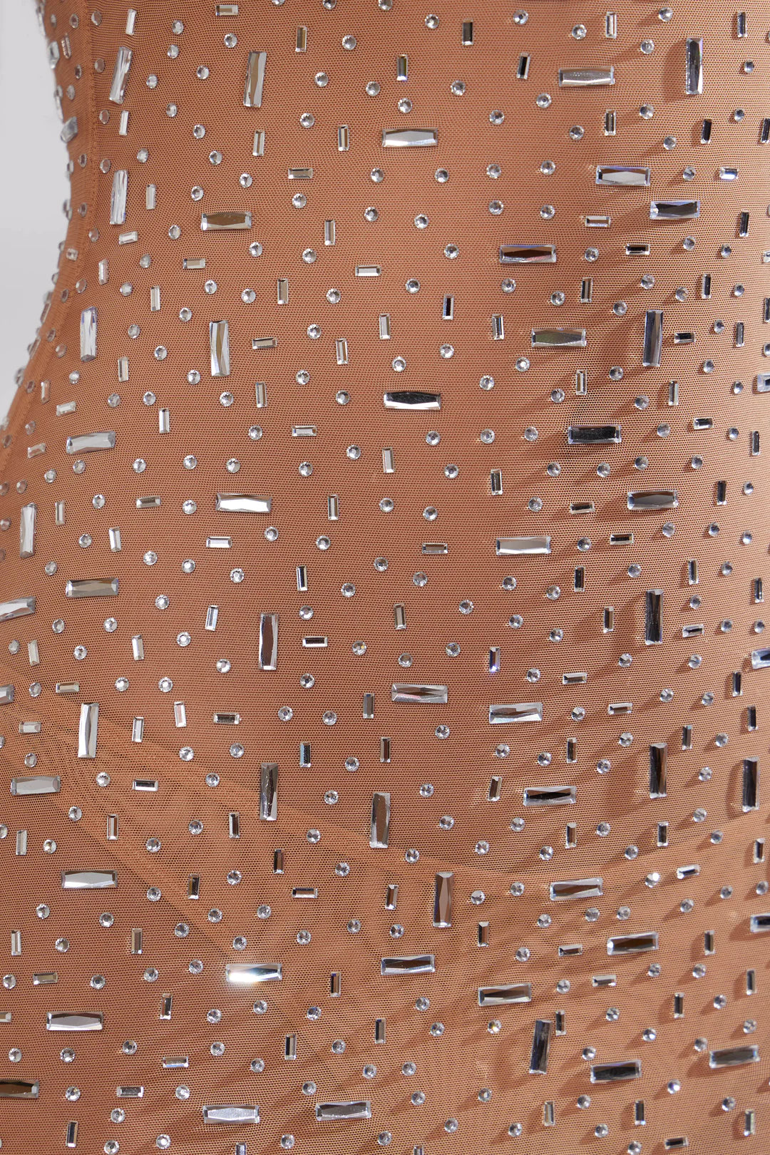 Transparent decorated evening dress with round neckline in almond