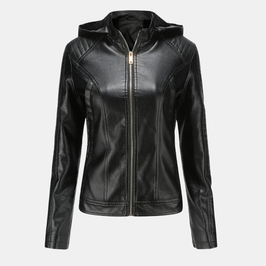 Women's leather jacket with hood