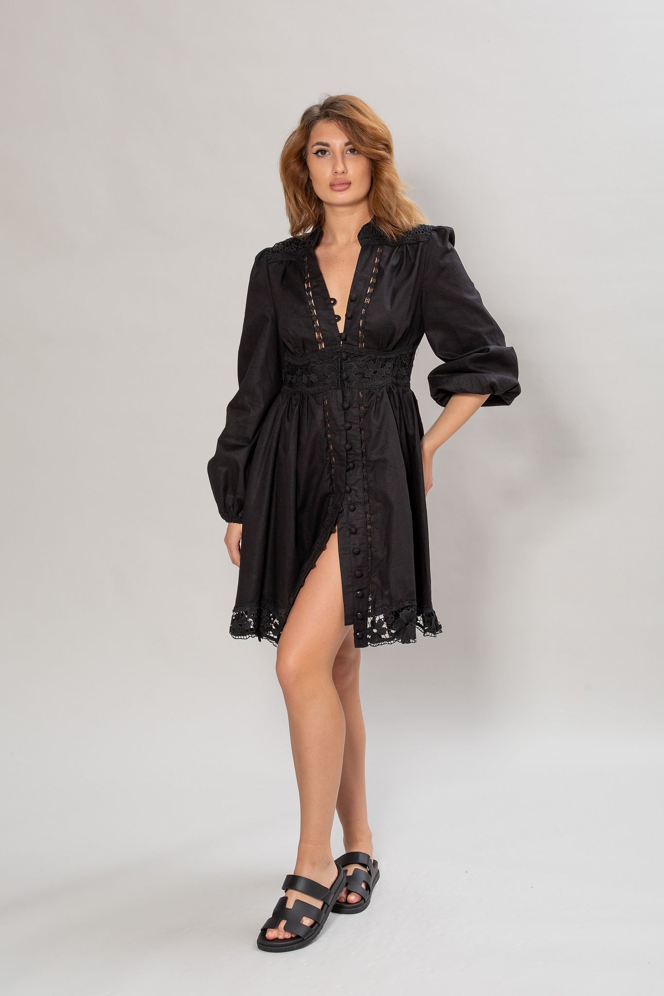 Textured V-neck Midi Dress with Buttons
