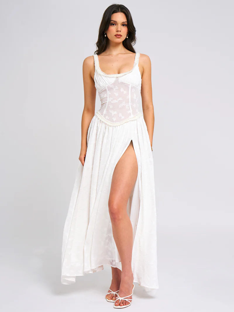 Square Neck Jacquard Textured High Slit Maxi Dress