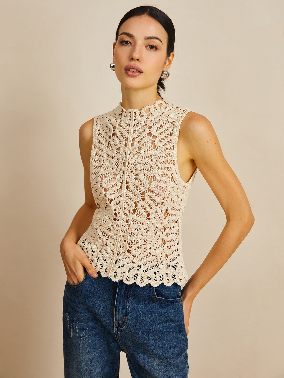 Floral Crocheted Soft Beige Top With Hole Pattern