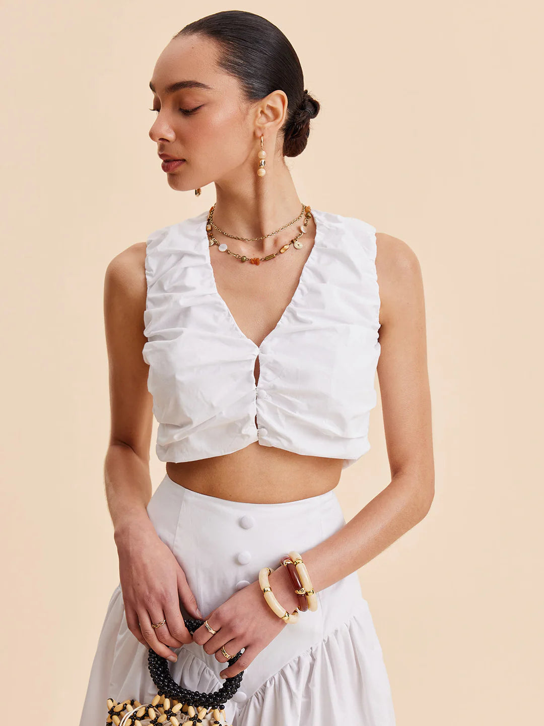 Chic Pleated Crop Top and Chic Buttoned Skirt Set