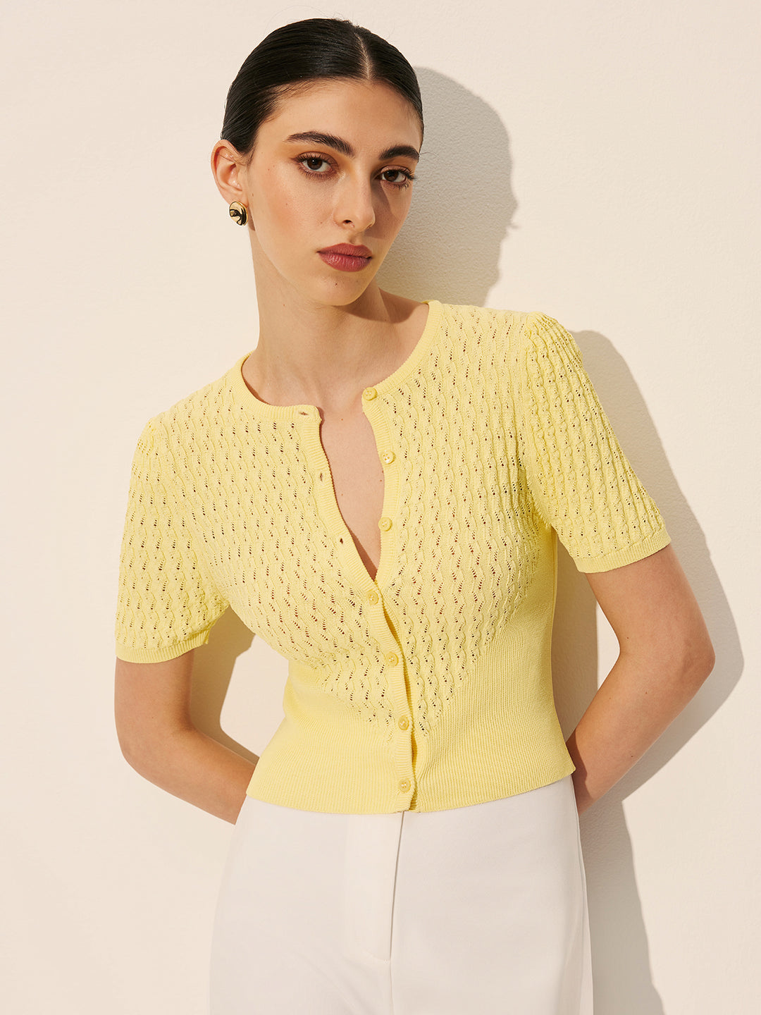 Hollow Knit Yellow Top With Buttons