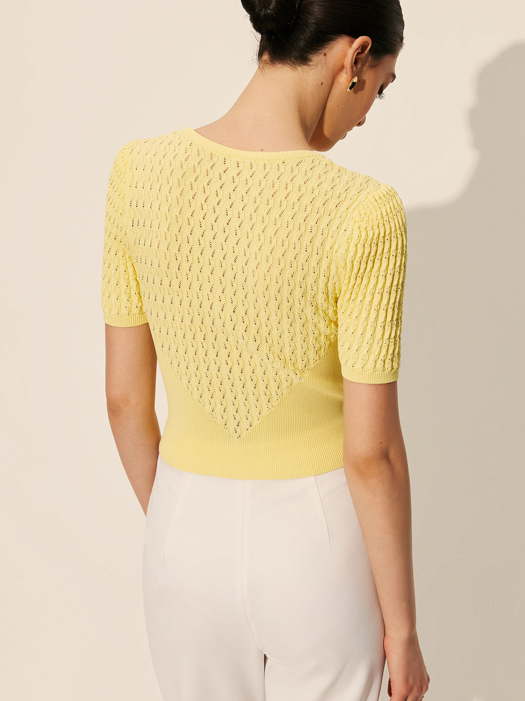 Hollow Knit Yellow Top With Buttons