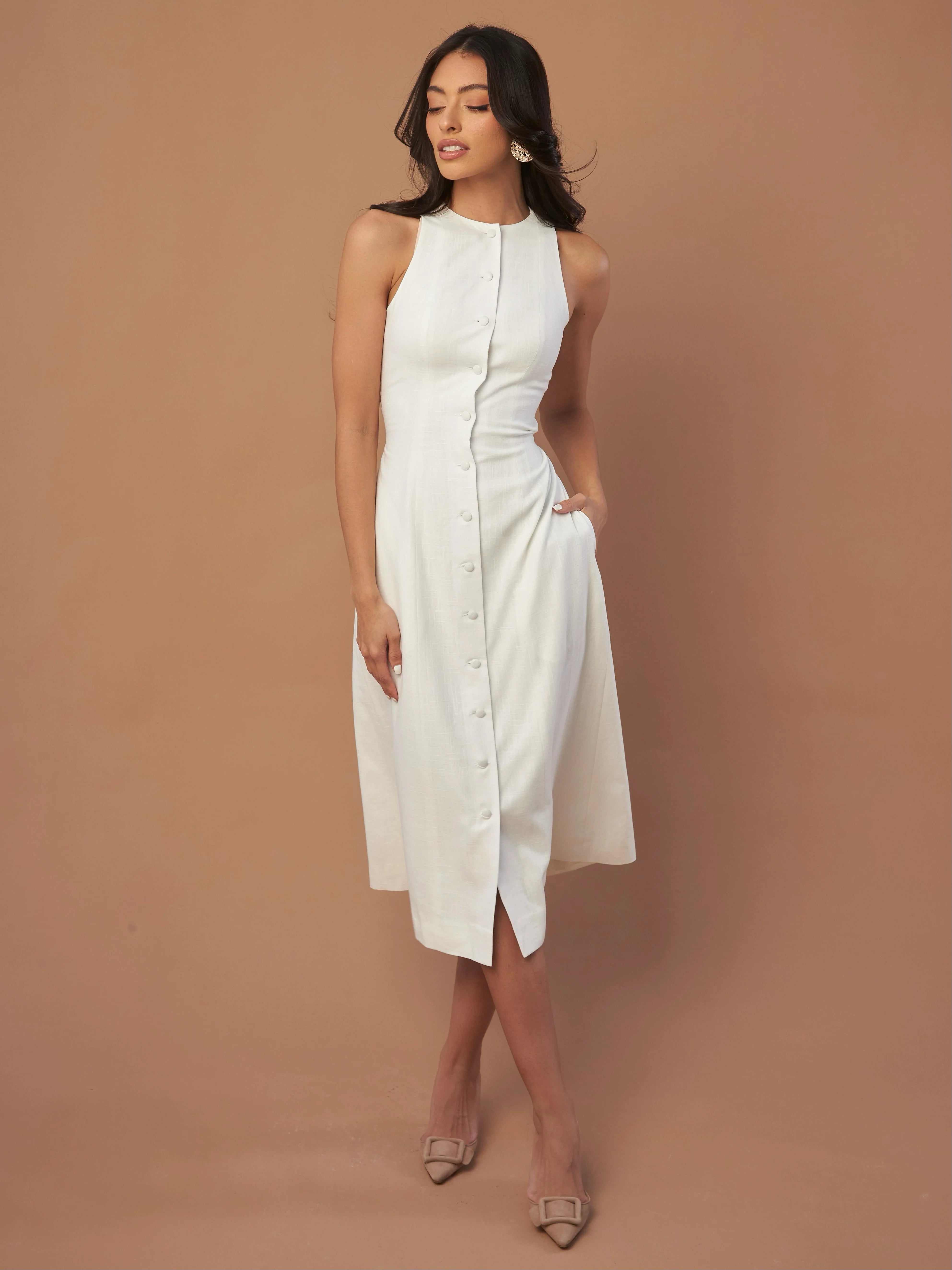 Sleeveless Round Neck Linen White Dress