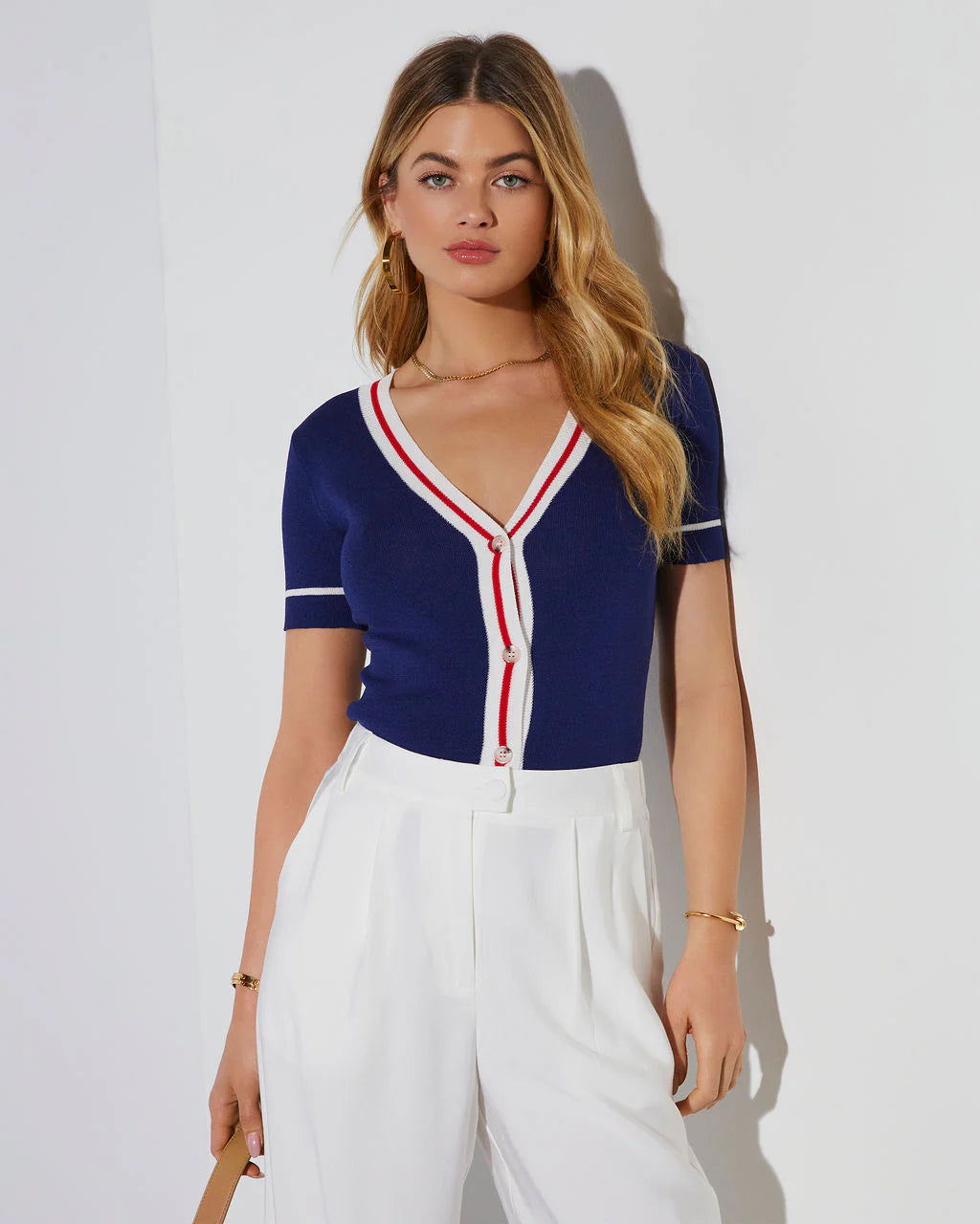Striped Short Sleeve Button Up Top