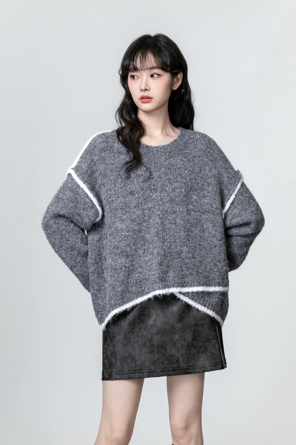 Gray Oversized Colorblock Knit Sweater