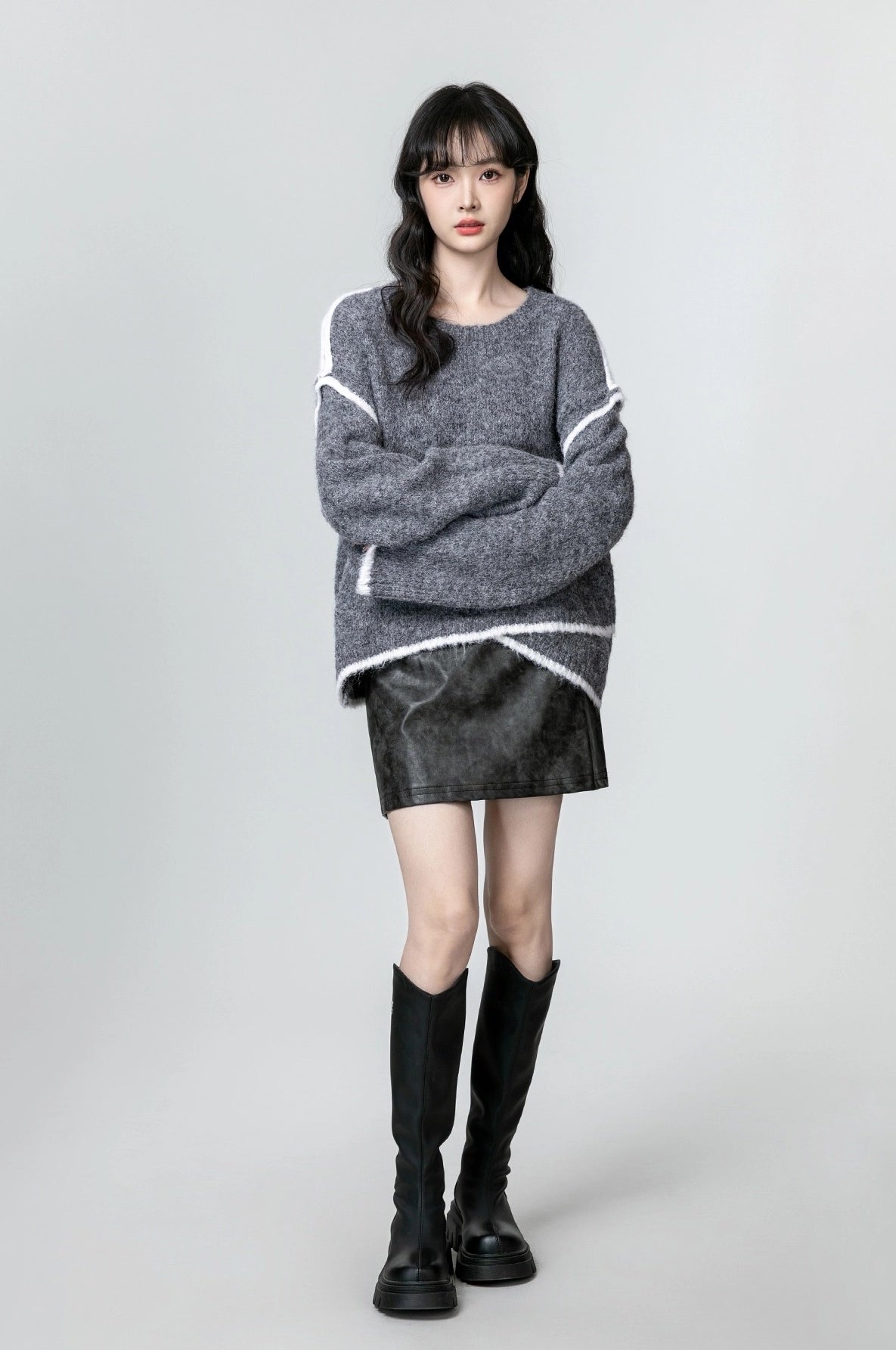 Gray Oversized Colorblock Knit Sweater