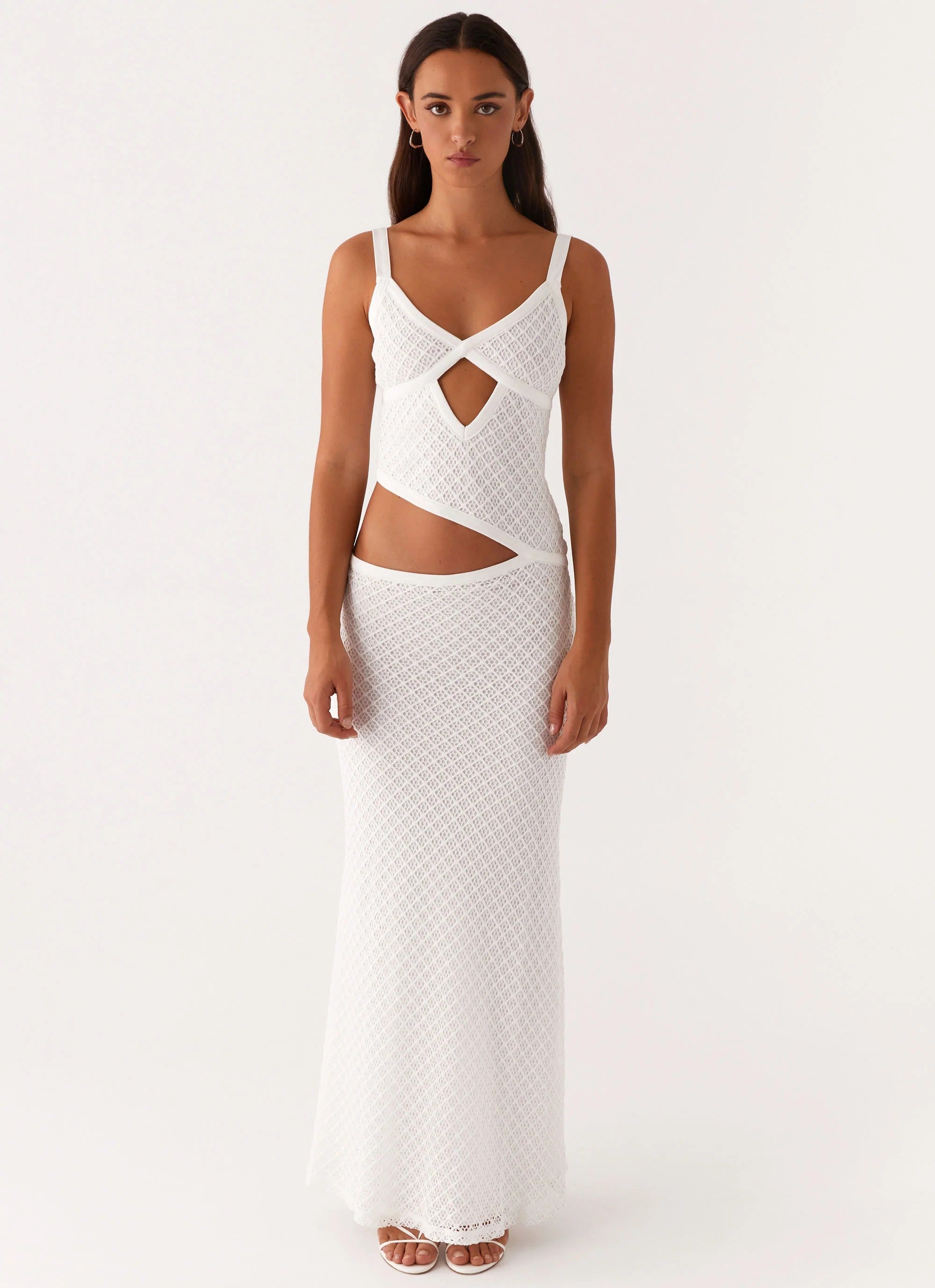 V-Neck Cut-Out Detailing Flowing White Maxi Dress