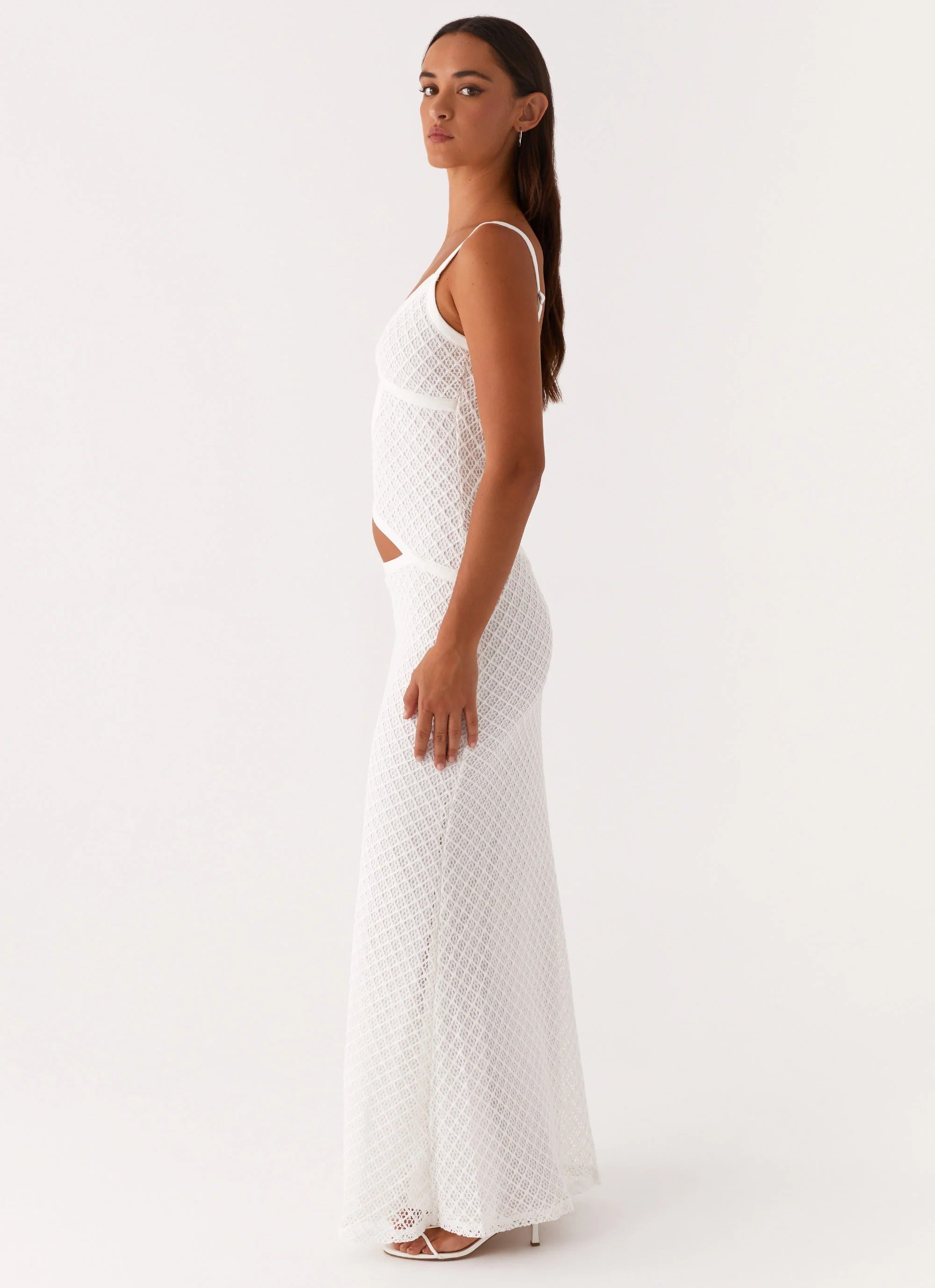 V-Neck Cut-Out Detailing Flowing White Maxi Dress