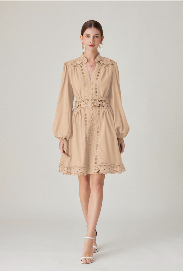 Textured V-neck Midi Dress with Buttons