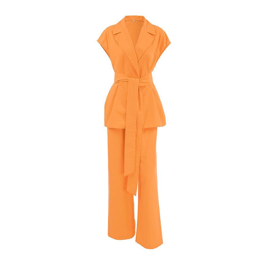 Sleeveless Lace-up Shirt With Pants Set In Orange