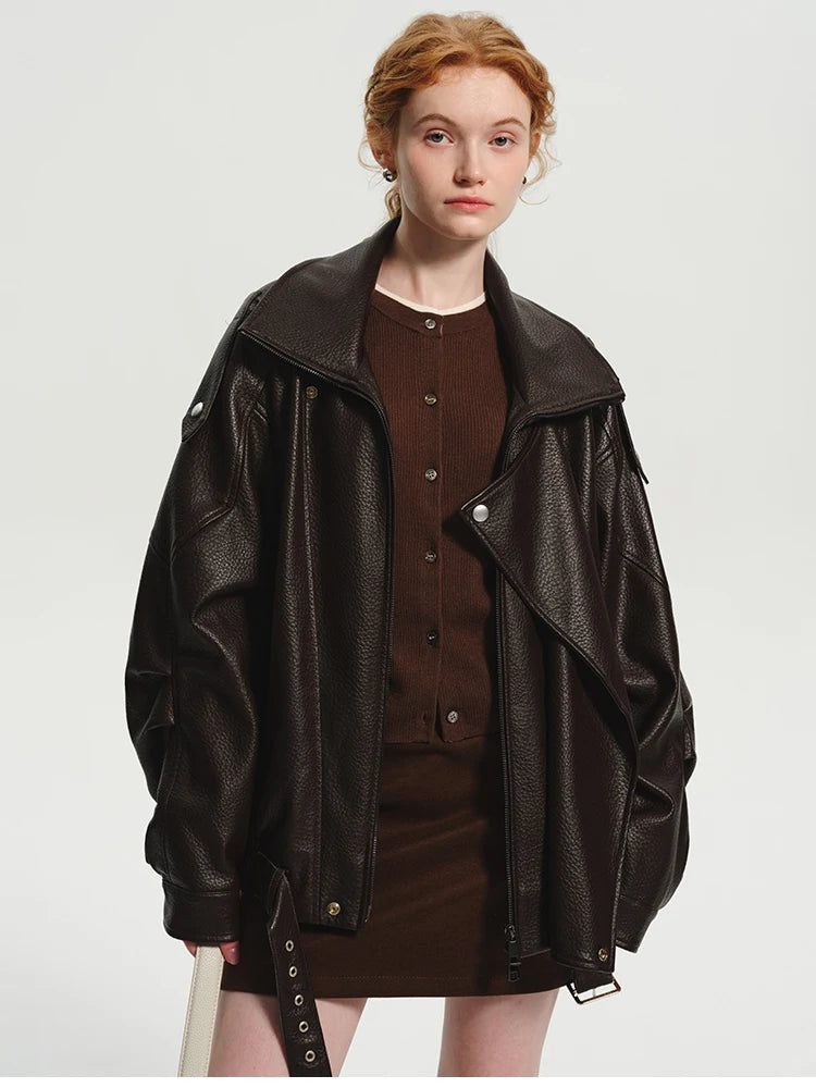 Oversized Dark Brown Leather Jacket