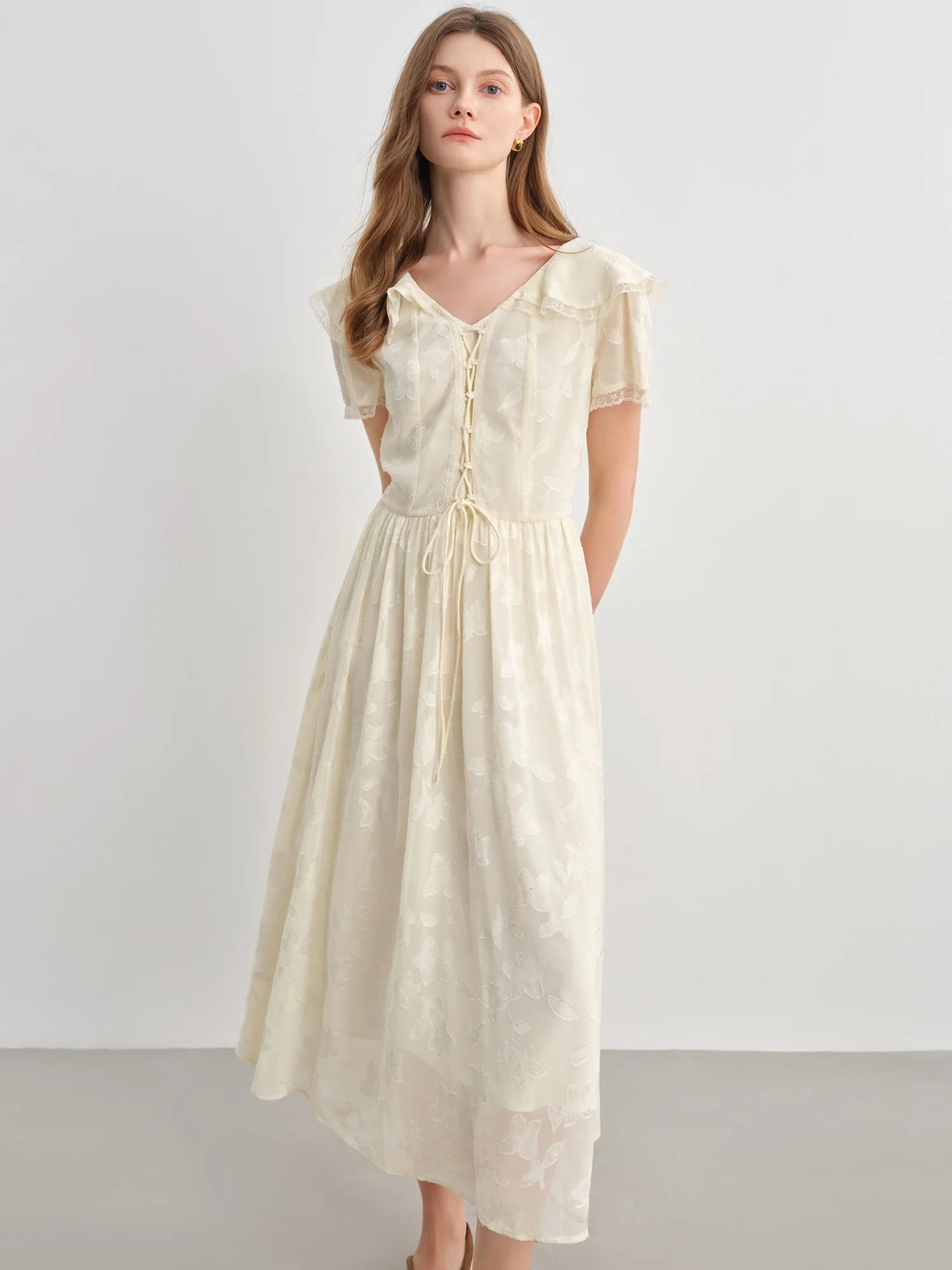 Elegant Ruffled Collar Jacquard V-Neck Yellow Midi Dress