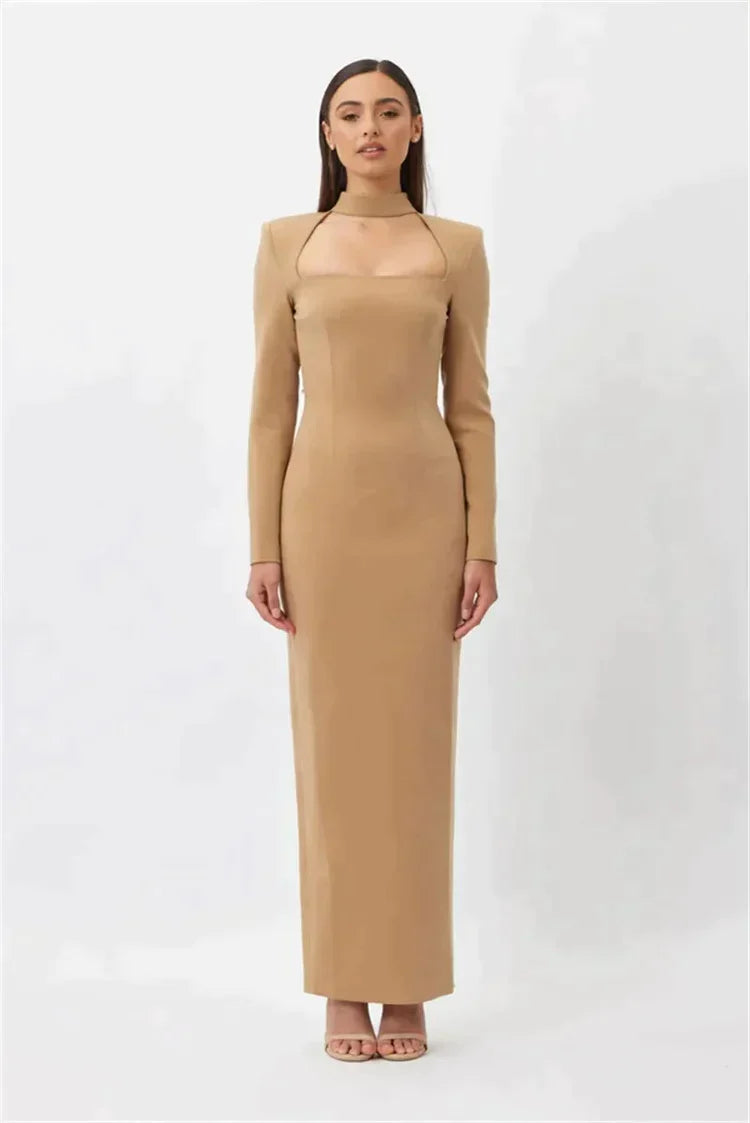 Long dress without slit, long sleeves and rhinestones