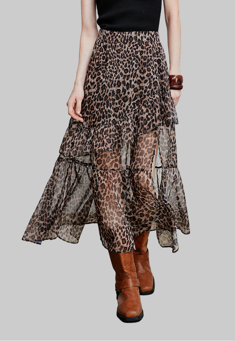 Leopard Printed Open Slit Chiffon Skirt